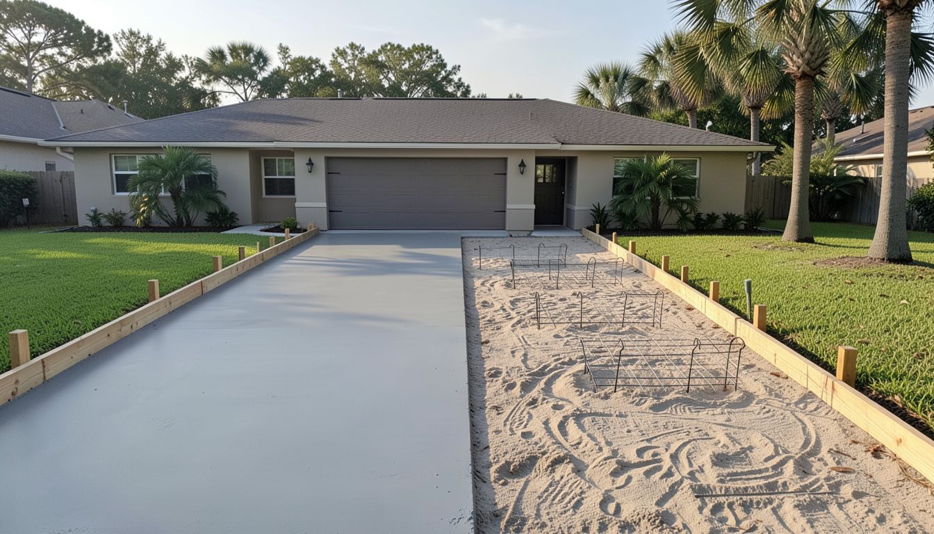 A home driveway mid-pour, one side smooth fresh concrete and the other still bare sand with wire supports, between wood form boards